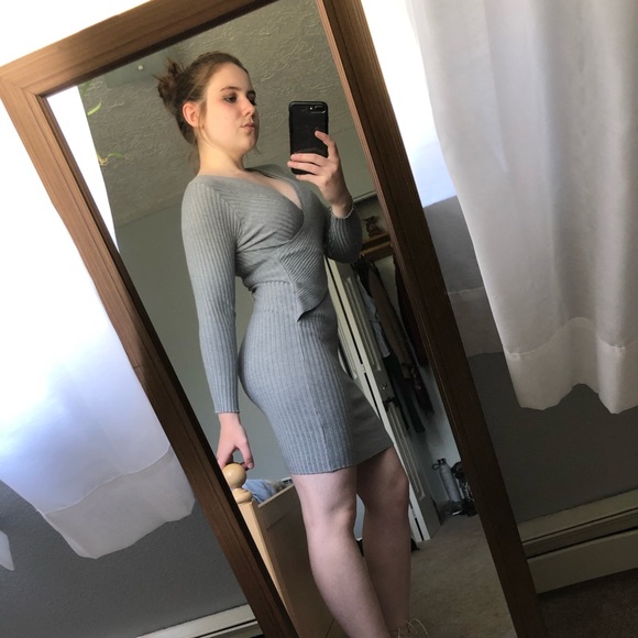 Grey Ribbed Cross Over Bodycon Dress - Picture 6 of 7